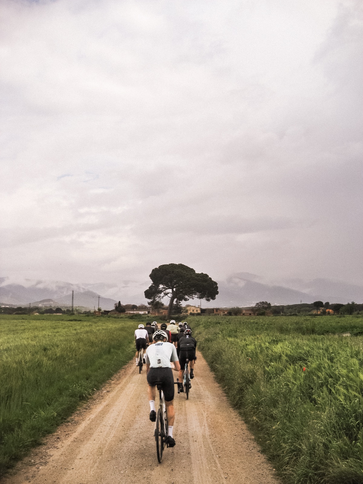 Grup de ciclistes pedalant per un camí de terra entre camps verds del Vallès